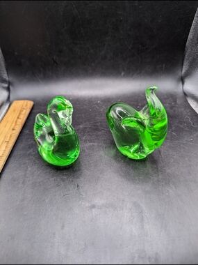 Vintage Lot of 2 Green Art Glass Paperweights One Swan and One Elephant.